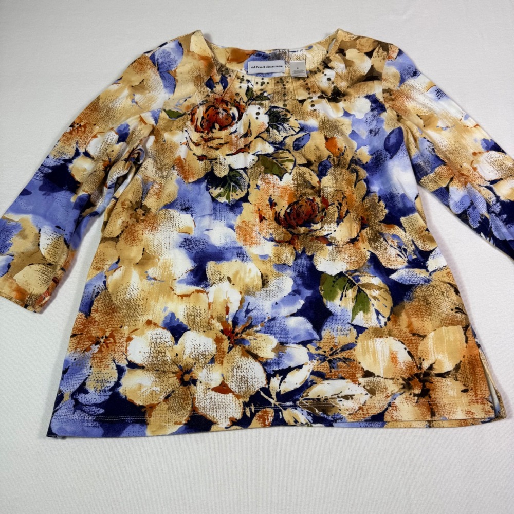 Alfred Dunner Floral Top Size S Blue Orange Tan Beaded Stud 3/4 Sleeve Modest